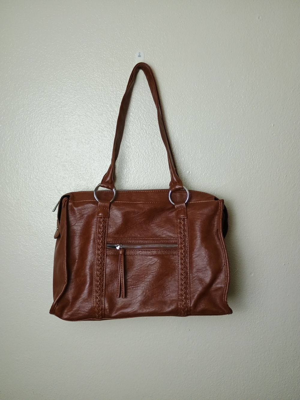 Braciano Chestnut Brown Shoulder Tote with Front Zip Pocket
